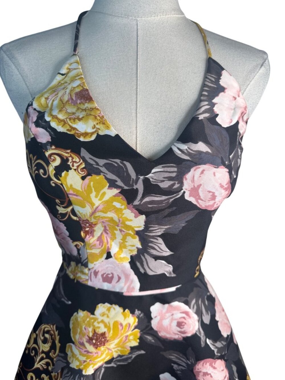 New BCX Floral Halter-Neck Size 3 Fit & Flare Dress Black/Yellow/Pink Polyester - Picture 13 of 15